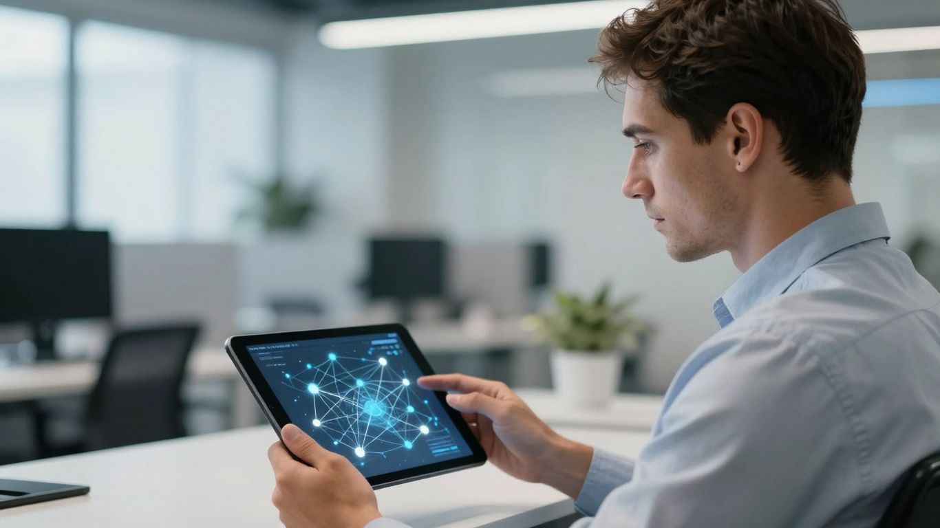 Person im Büro mit Tablet und Netzwerkverbindungen.