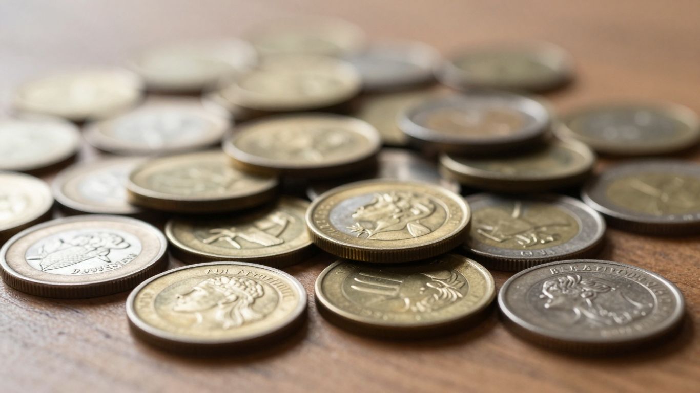 Collection of gold and silver coins on a wooden surface.