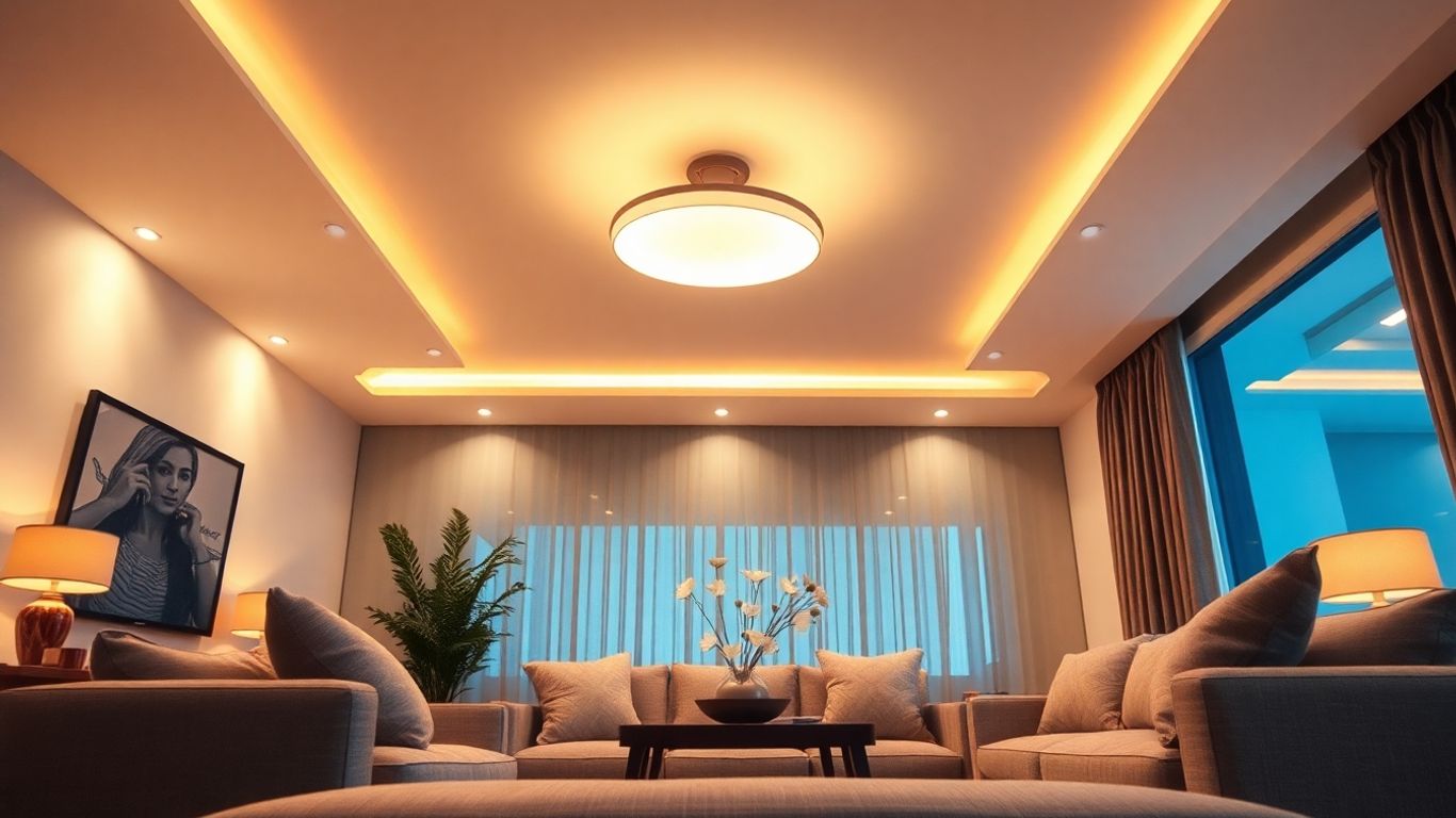Modern living room with bright LED ceiling lights.