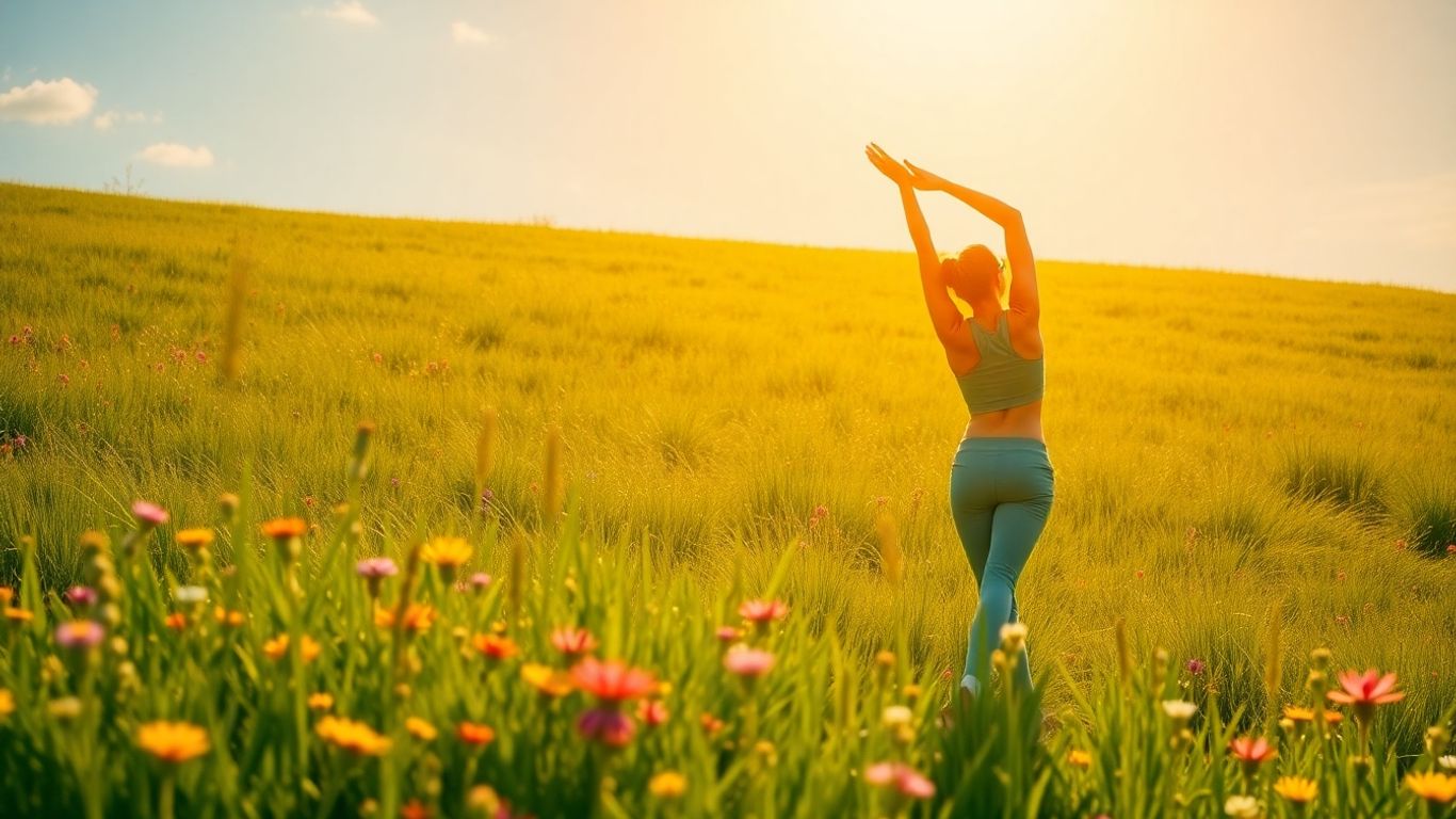 Person stretching in a sunny meadow.
