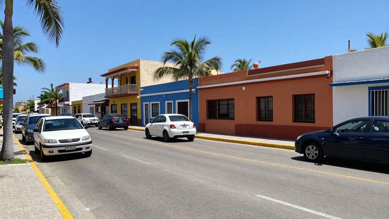 Downtown Cabo street with parked cars and colorful buildings.