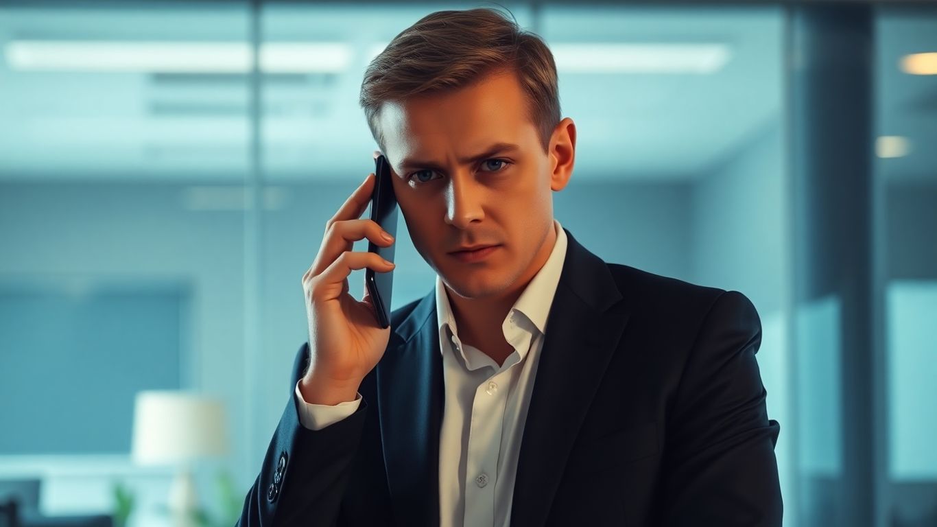 Professional on phone, serious conversation.