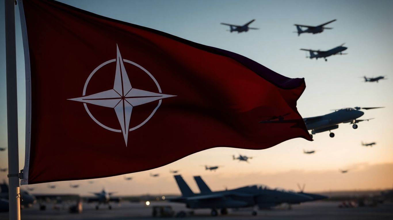 NATO flag with military aircraft and drones in the sky.