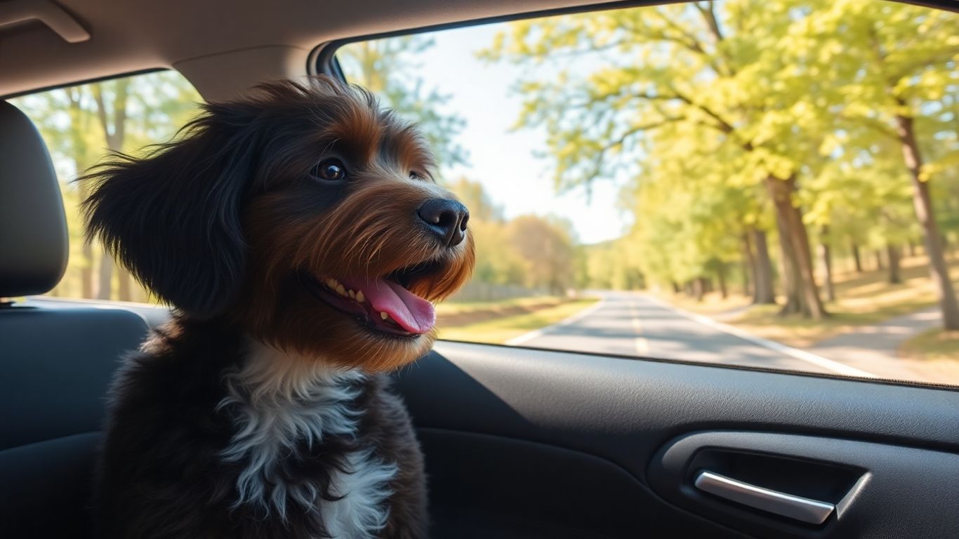 Bernedoodle in car on Pennsylvania road trip.