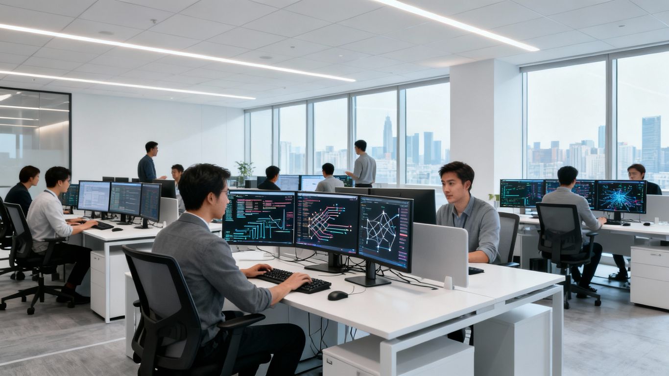 IT professionals working in a modern office environment.