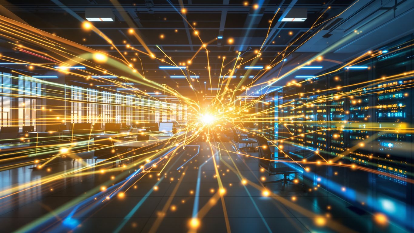 Digital connections flowing between office desks and servers.