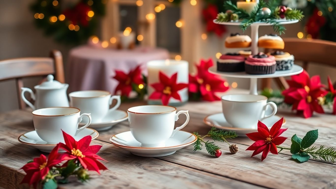 Whimsical holiday tea party with treats and decorations.
