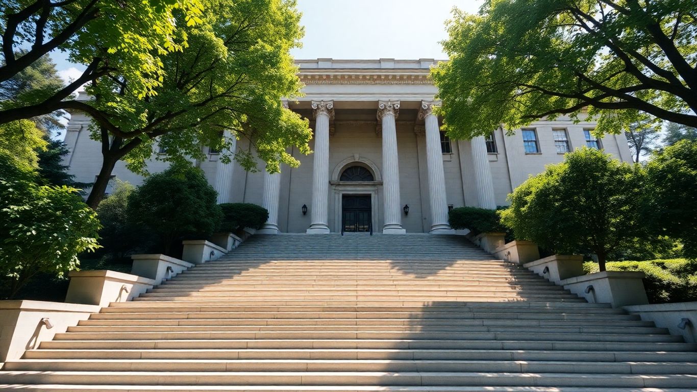 Neoclassical building with columns and stone steps.
