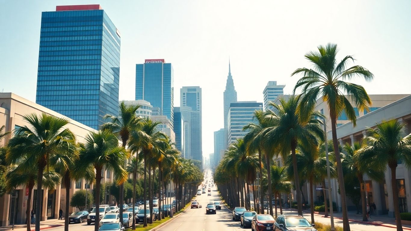Los Angeles cityscape with palm trees and modern buildings.