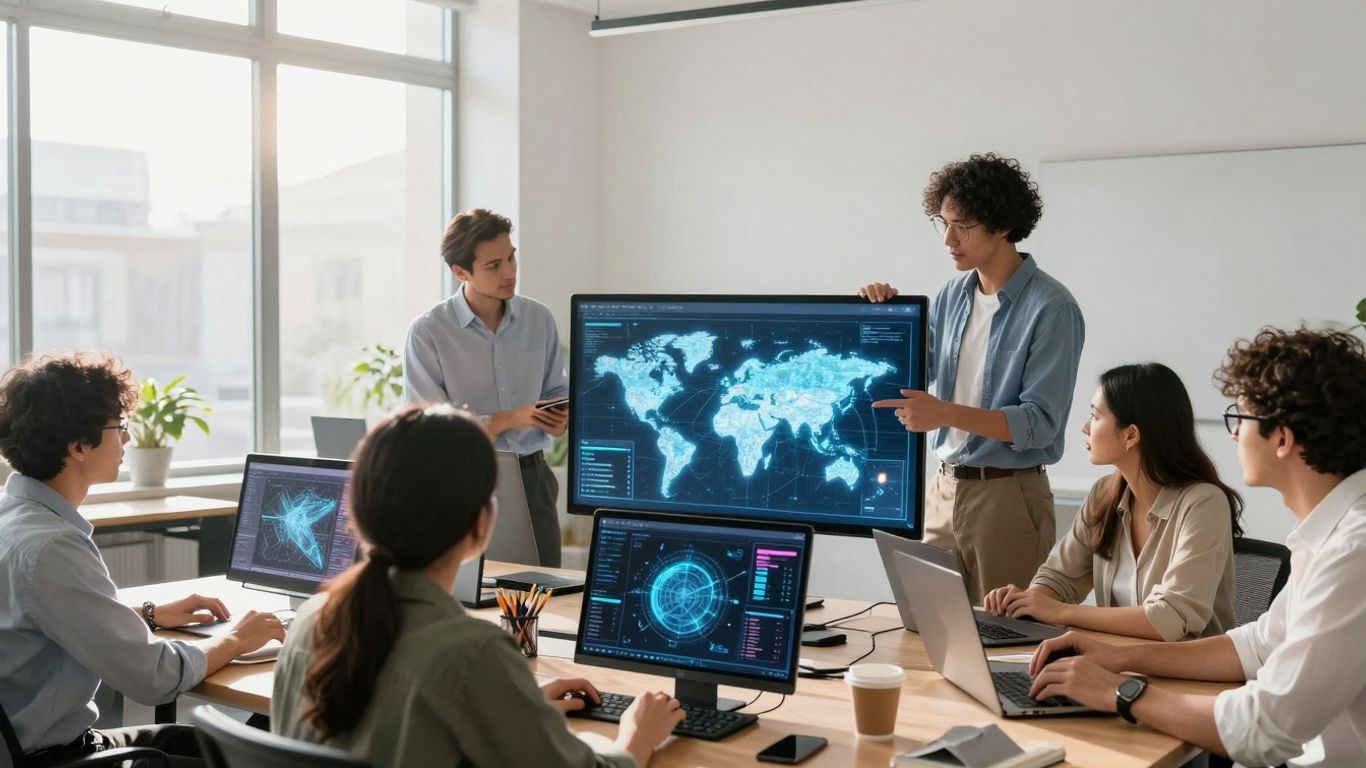 Content creators collaborating around a digital map.