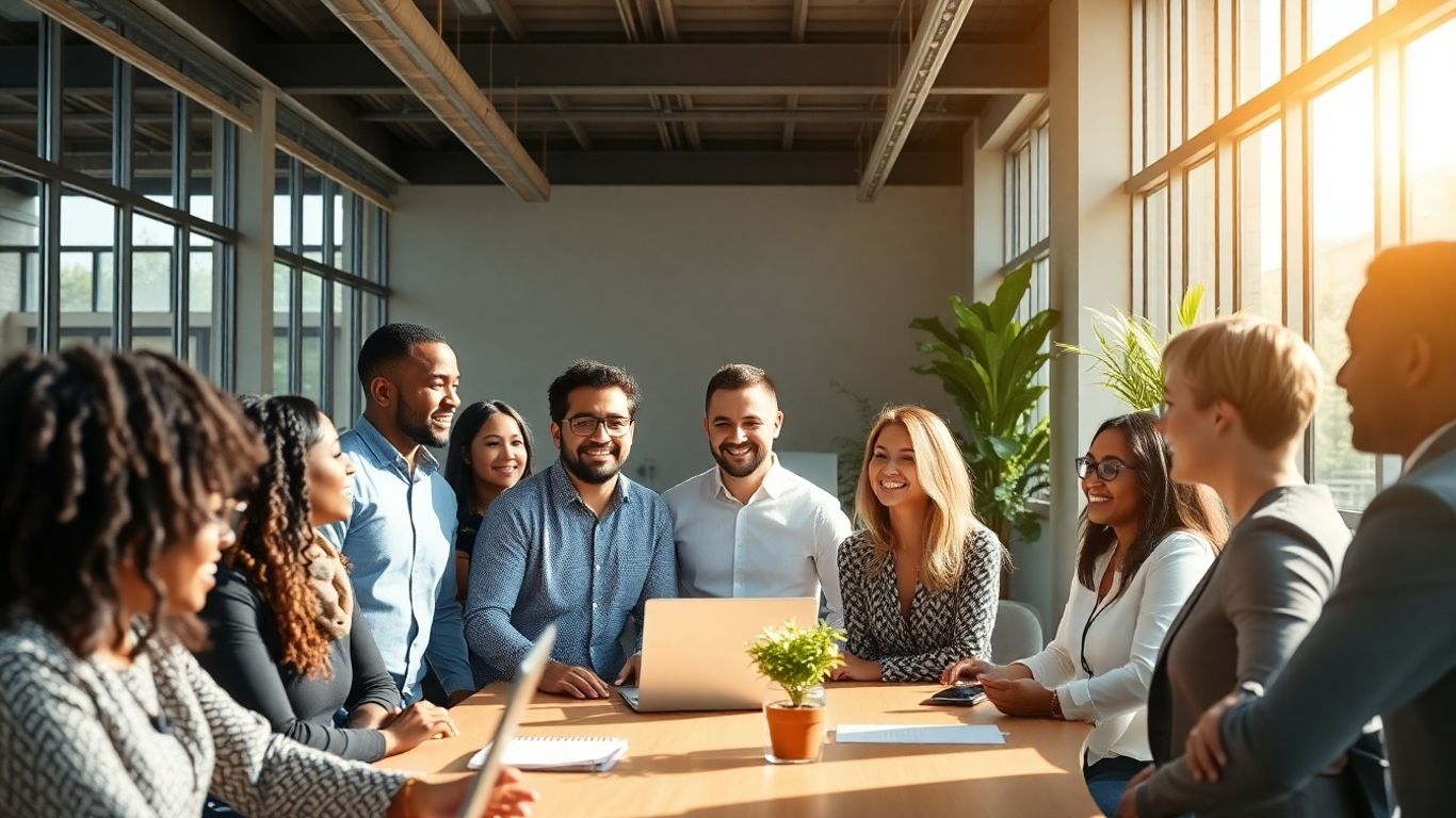 Angajatori și angajați într-un mediu de lucru modern și divers.