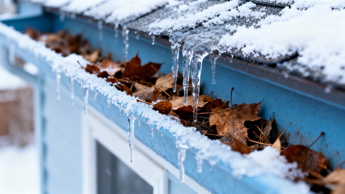 Icicles on a clogged gutter in winter.
