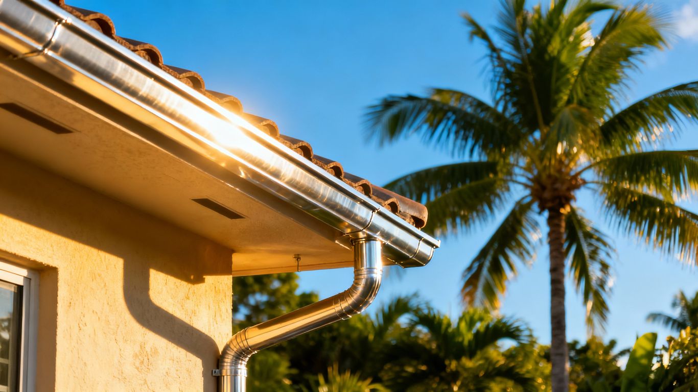 Miami home gutters with palm trees and blue sky.