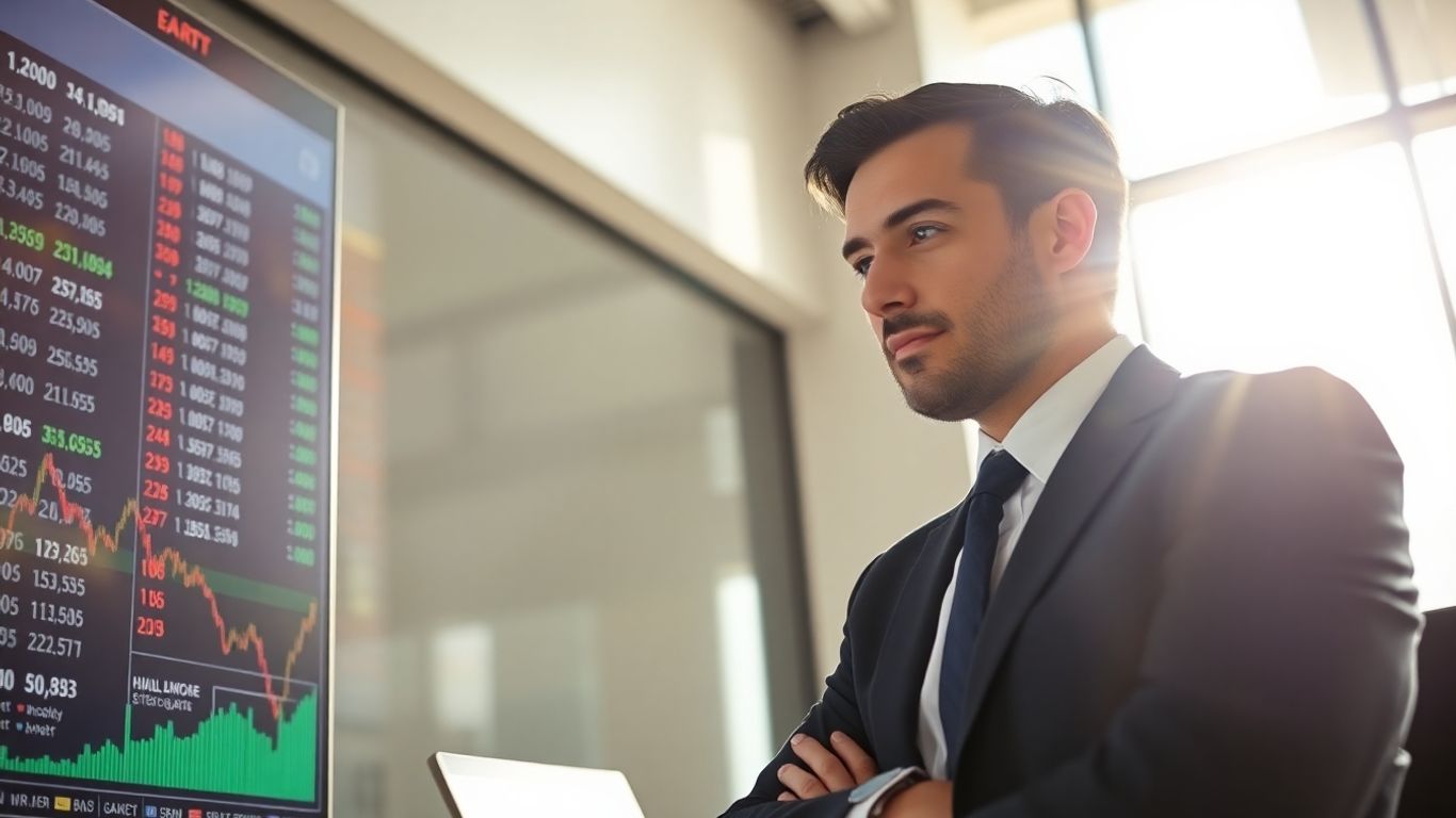 Stockbroker in office with financial data display.