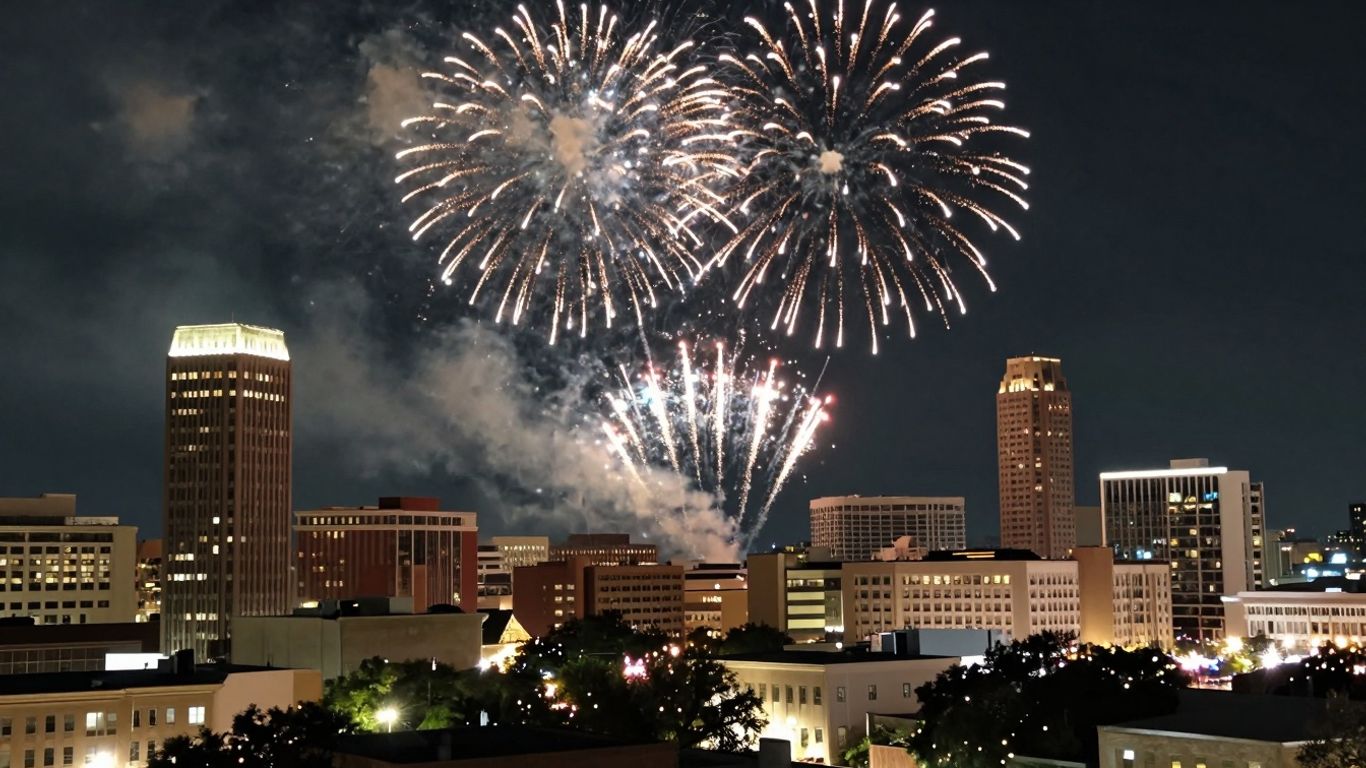 Addison, TX skyline with fireworks during a celebration.