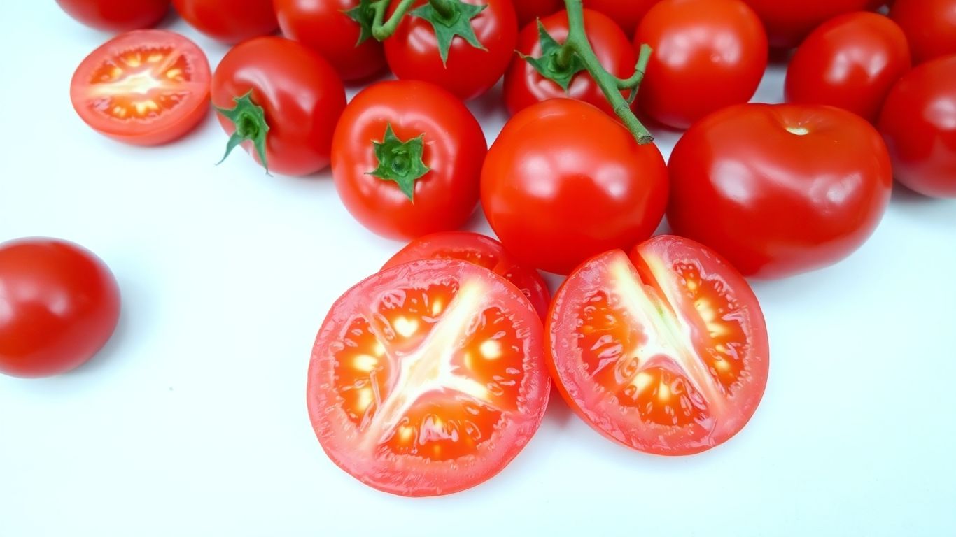 Fresh, ripe tomatoes, some whole and some sliced.