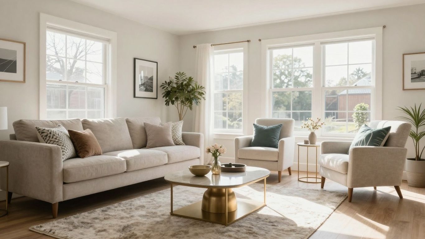 Stylish living room with modern furniture and natural light.