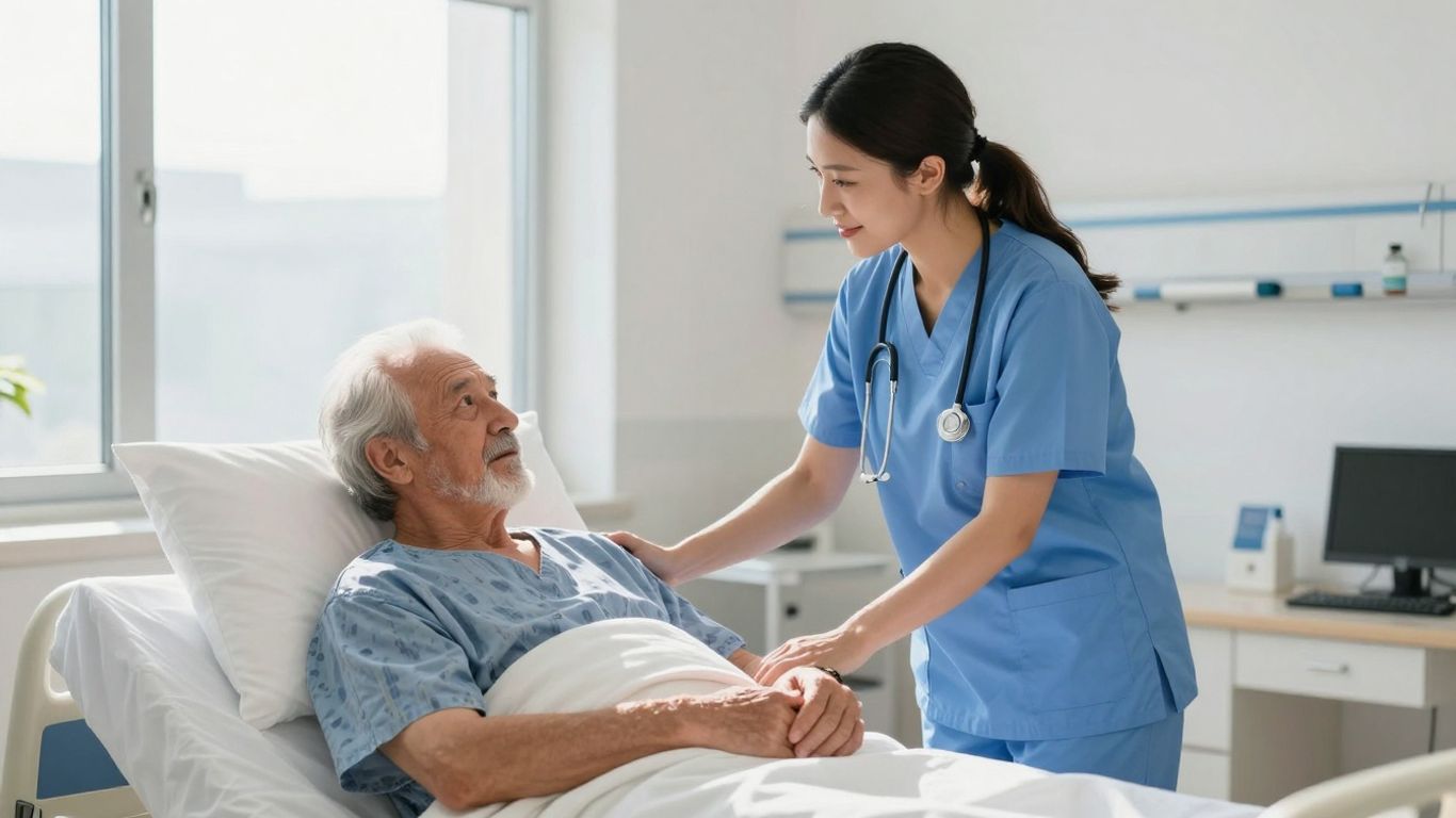 Nursing assistant caring for patient in Ohio hospital.