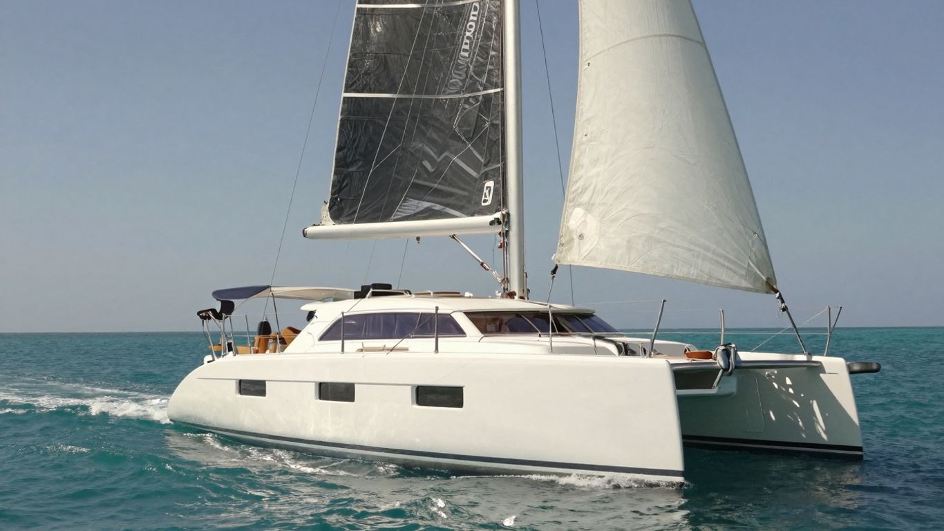 Moorings 4200 catamaran sailing on a clear blue sea.