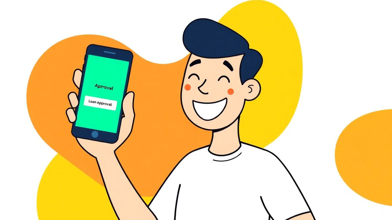 Person happily receiving online loan approval on phone.