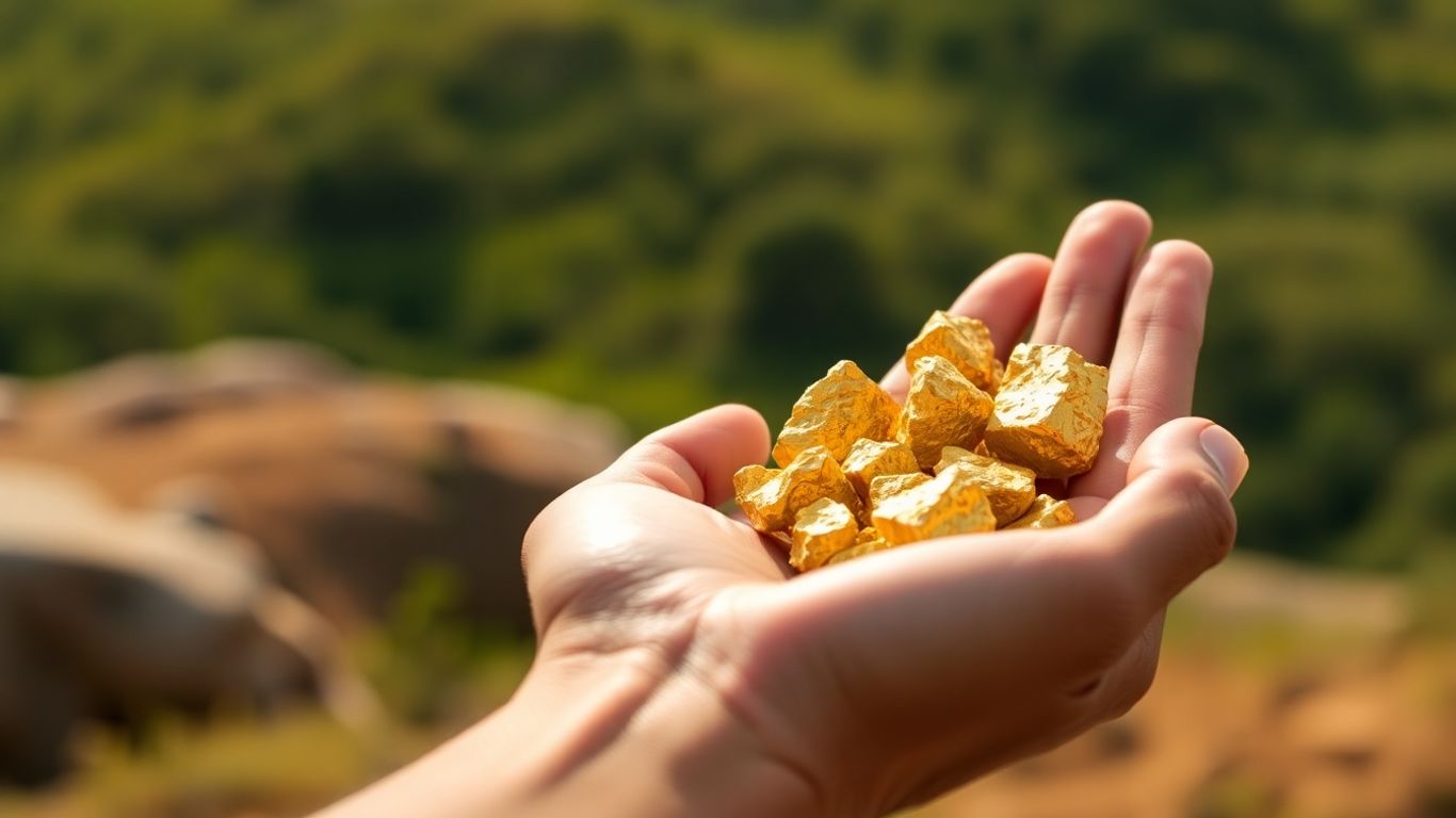 В одной руке — необработанное золото, в другой — размытый зеленый пейзаж.