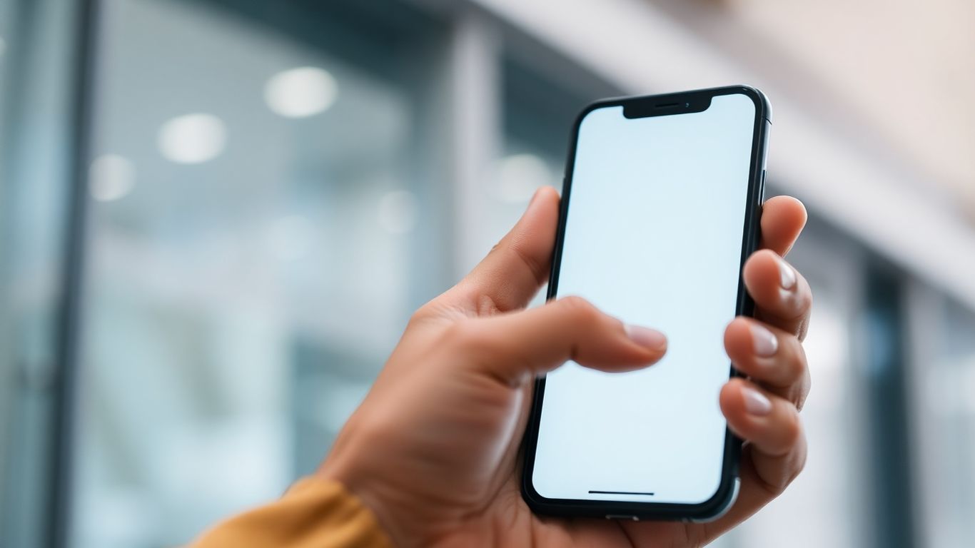 Hand holding smartphone with digital interface