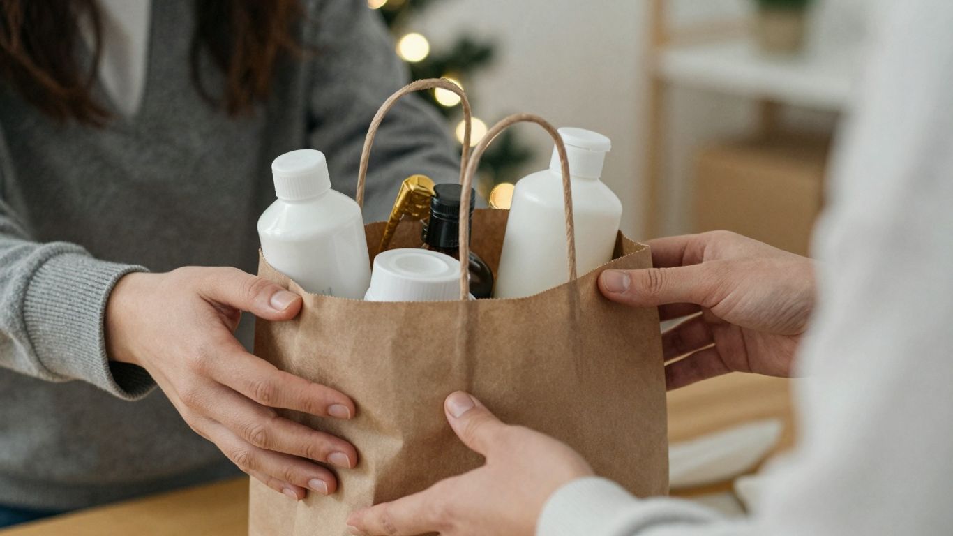 Hands exchanging a Christmas gift bag for the homeless.