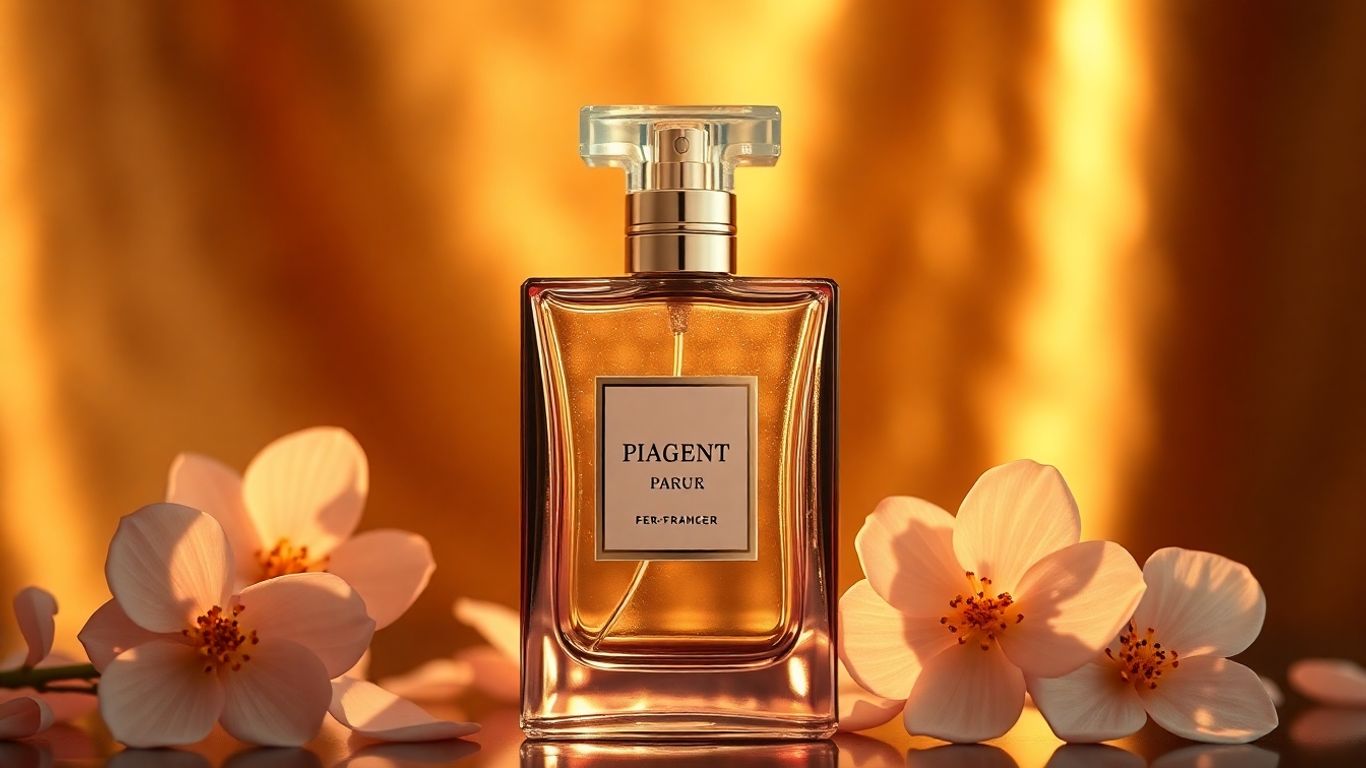 Elegant luxury perfume bottle with floral and gold accents.