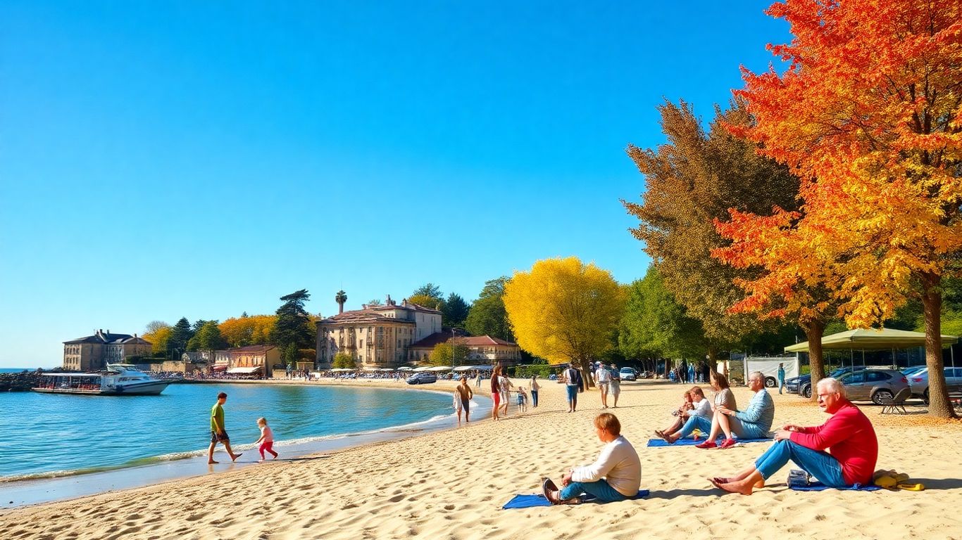 Vacanciers sur une plage ensoleillée durant l'automne en France