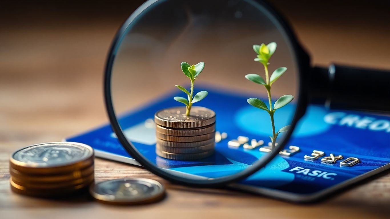 Credit card with magnifying glass and money.