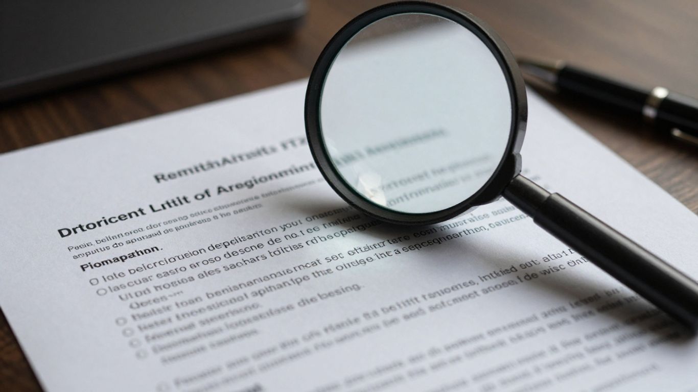 Policy document with magnifying glass over clauses.