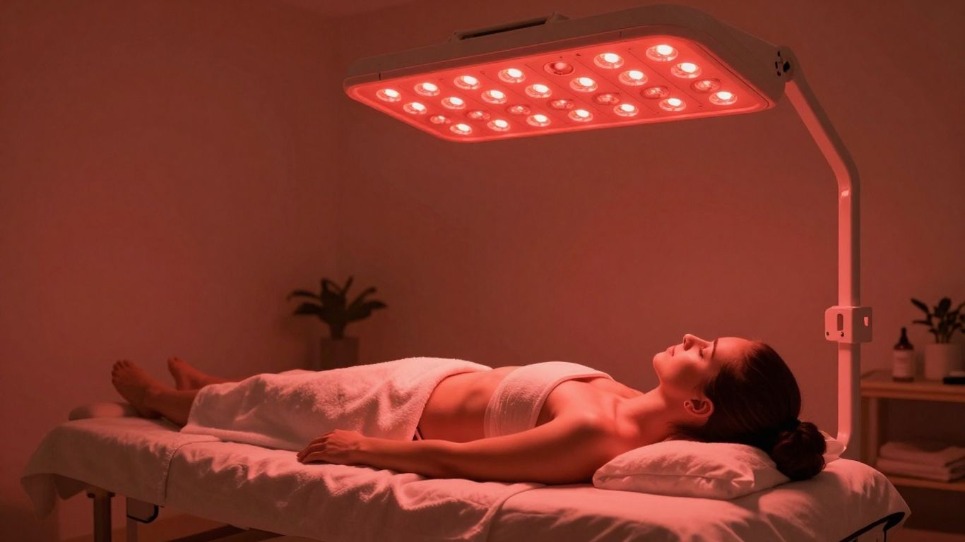Person receiving red light therapy treatment in a wellness center.
