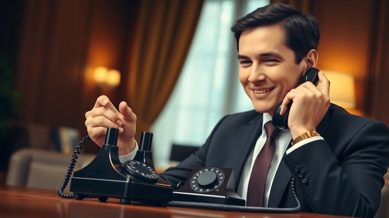Professional answering a vintage phone with a smile.