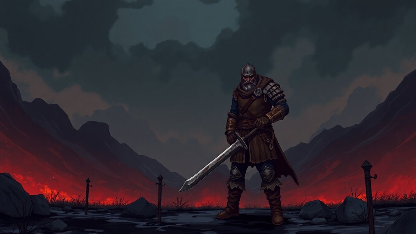 Warrior in a dark fantasy landscape, ready for RPG battle.