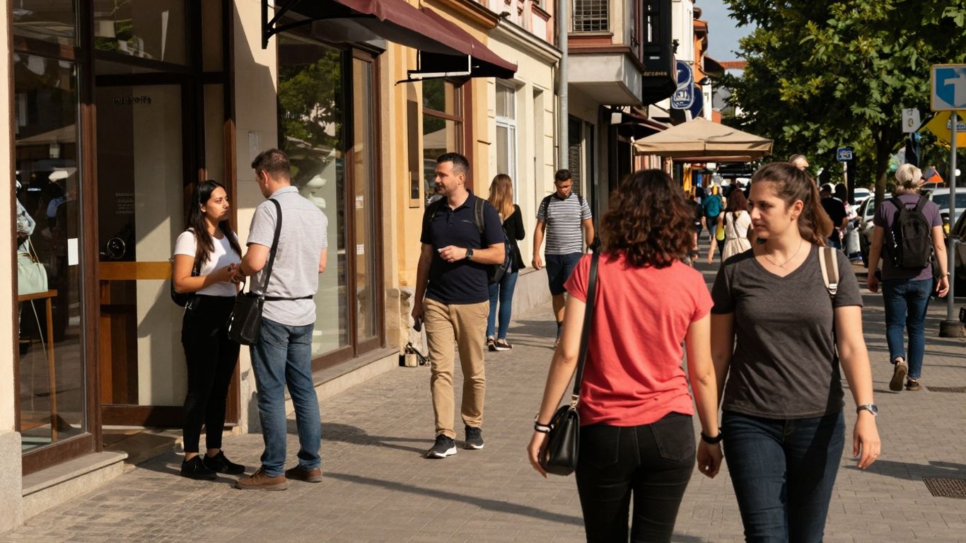 Oamenii interacționează cu vitrinele magazinelor pe o stradă aglomerată.