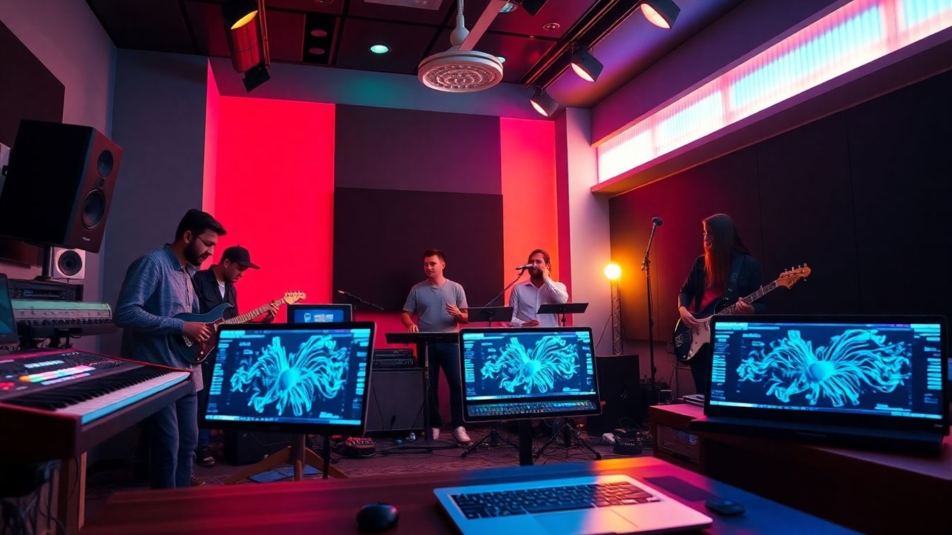 Musicians in studio using AI-powered music equipment