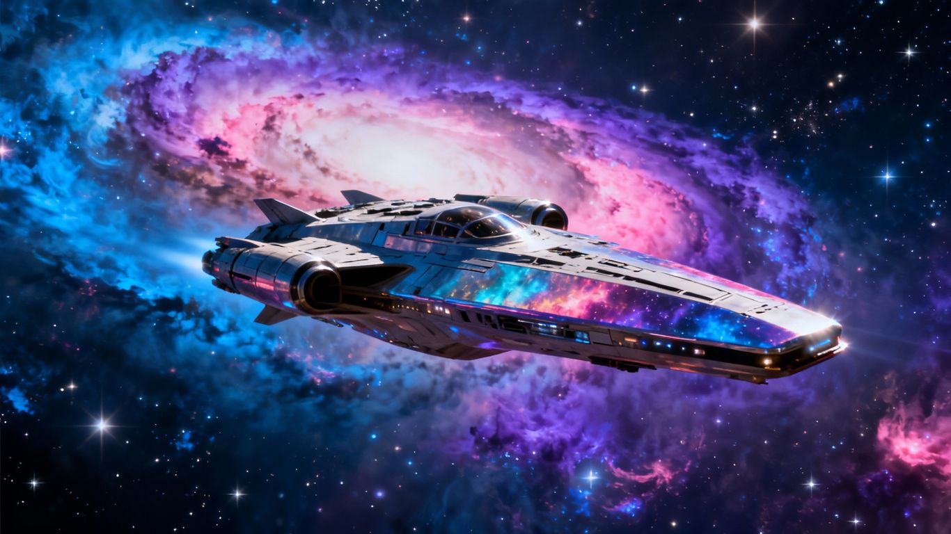 Futuristic spaceship in a colorful nebula.