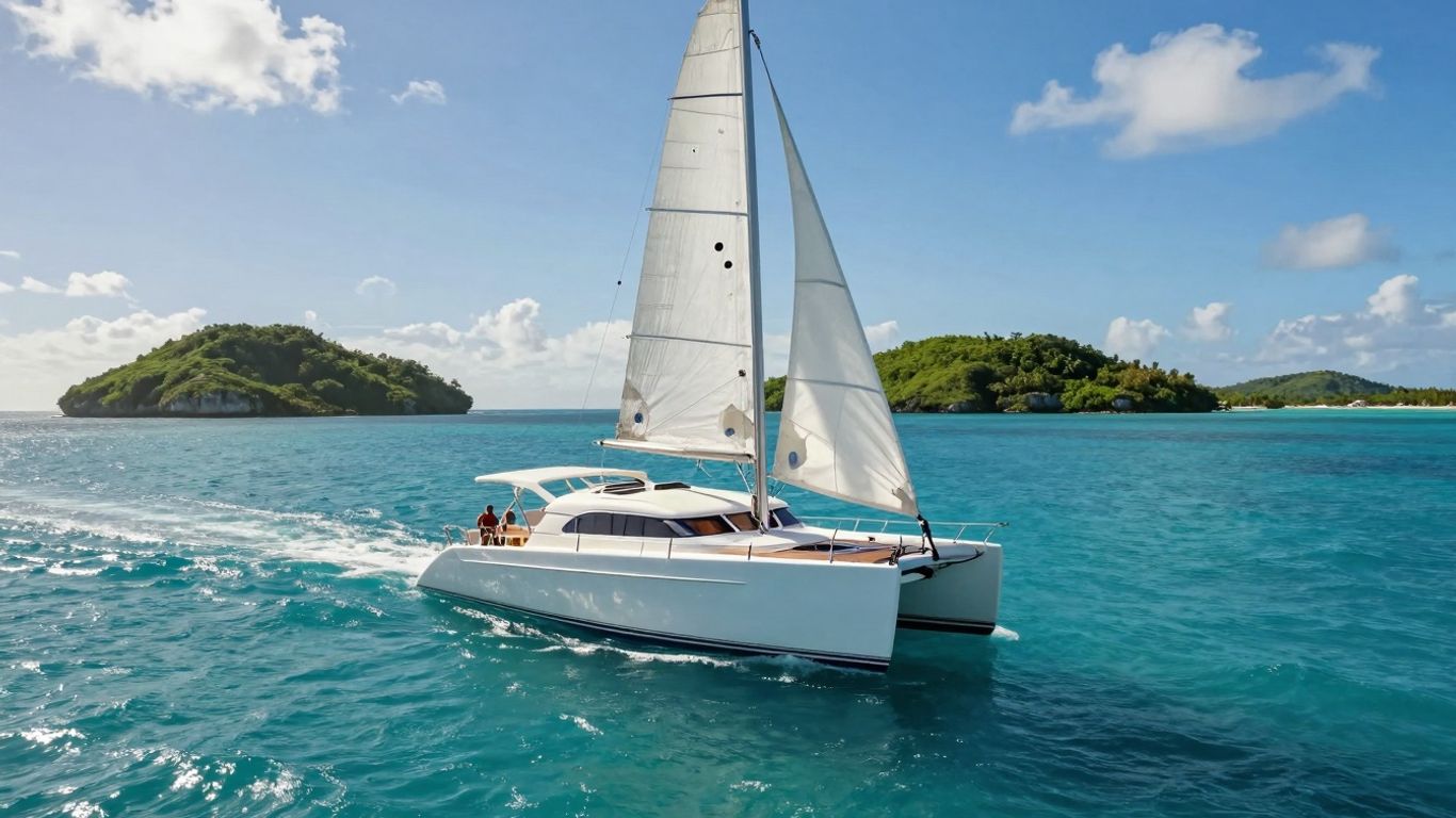 Catamaran sailing in clear Caribbean waters near islands.