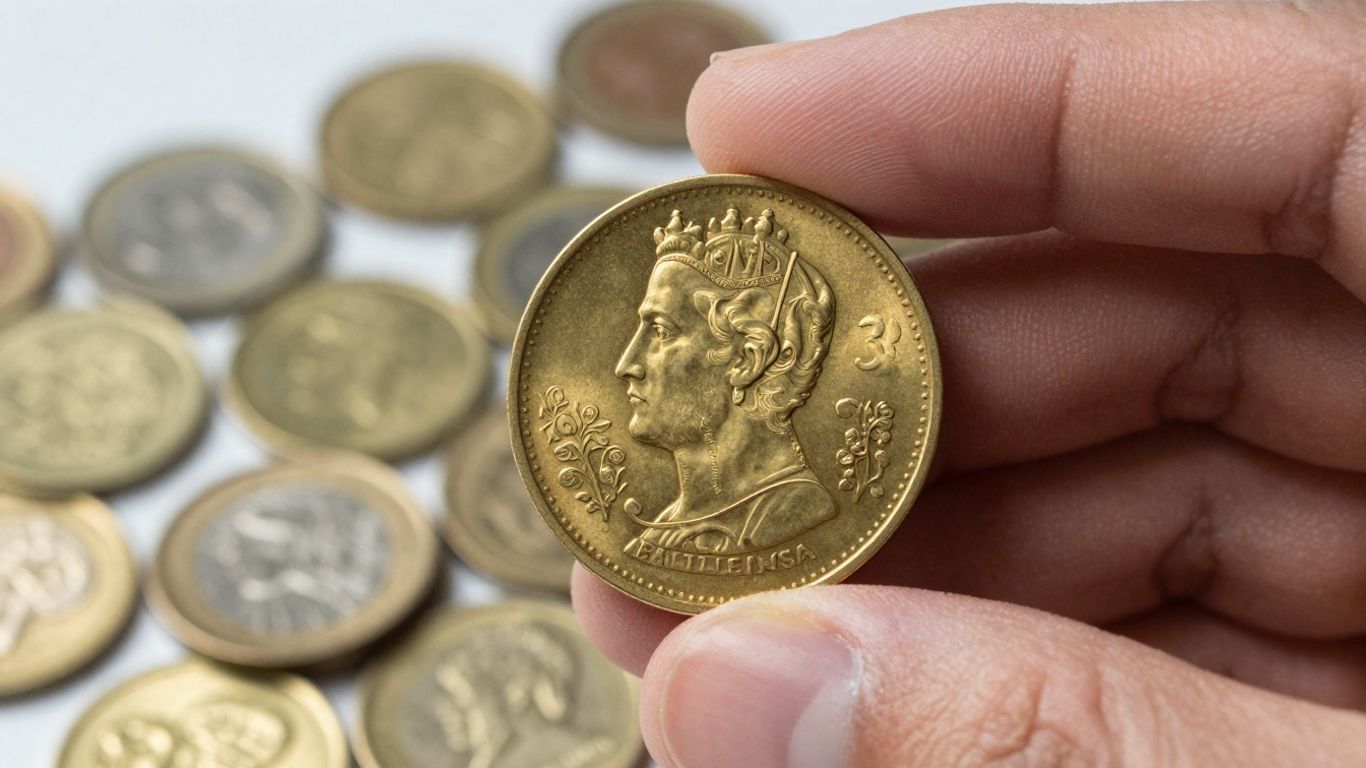 Hand holding a valuable gold coin, coin collection background.