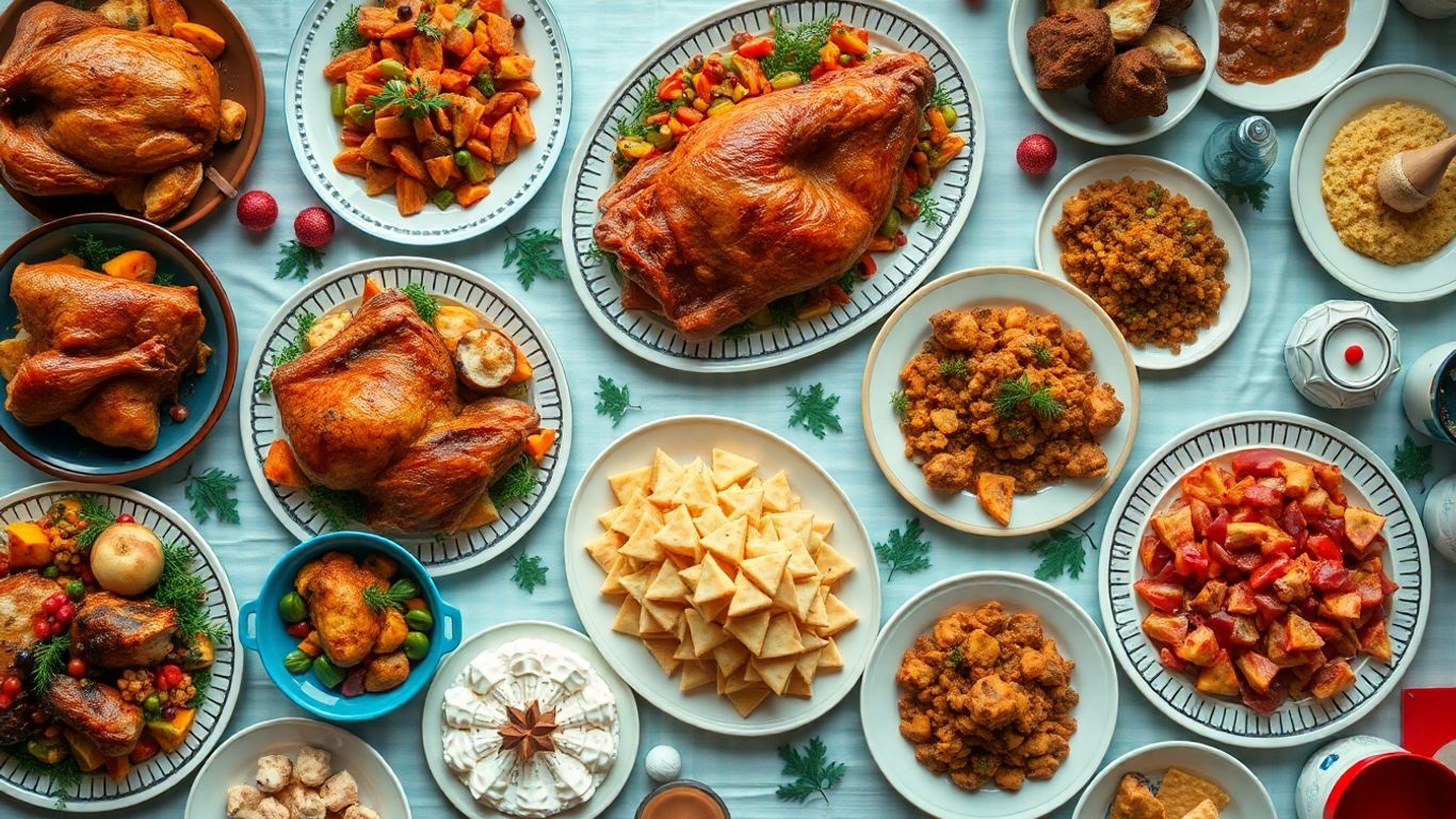 Holiday buffet spread with festive dishes