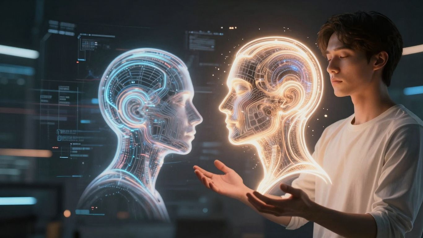 Person interacting with AI, showing caution and overconfidence.