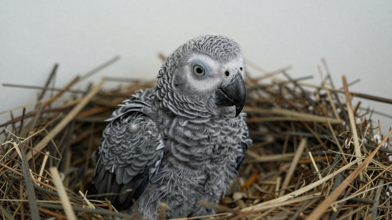 Baby African Grey parrot chick in a nest.