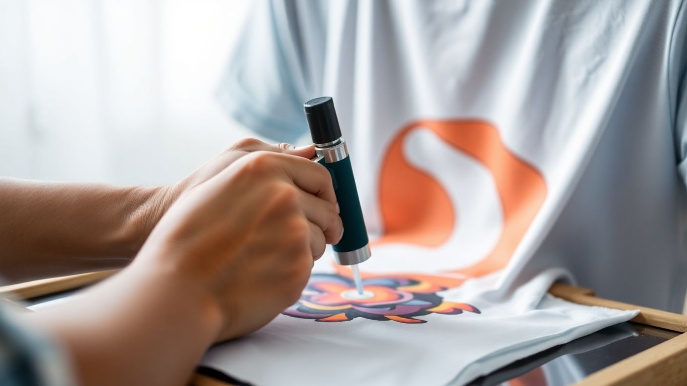 Hands screen printing a colorful design onto a t-shirt.