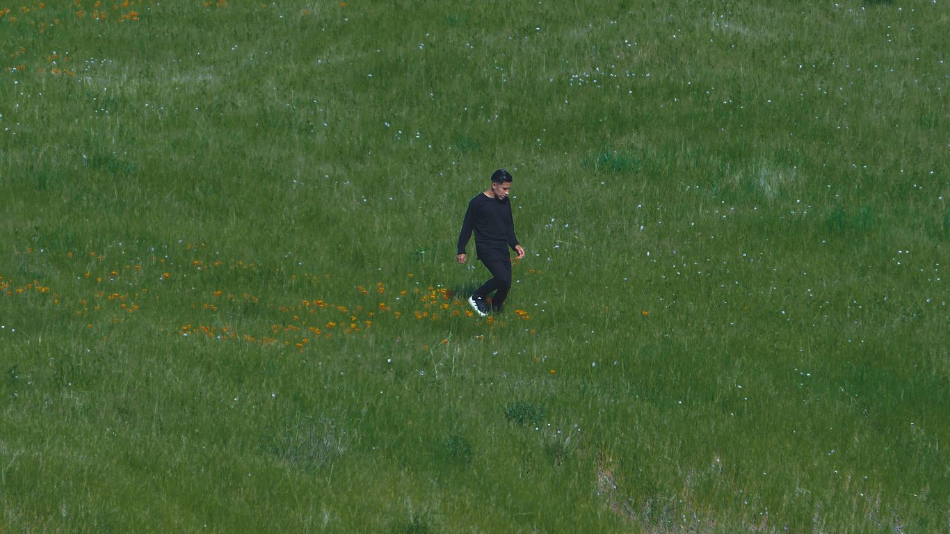 A man walking through a field of grass