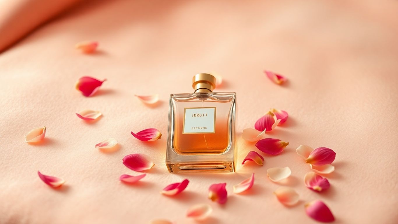 Elegant perfume bottle with flower petals and mist.