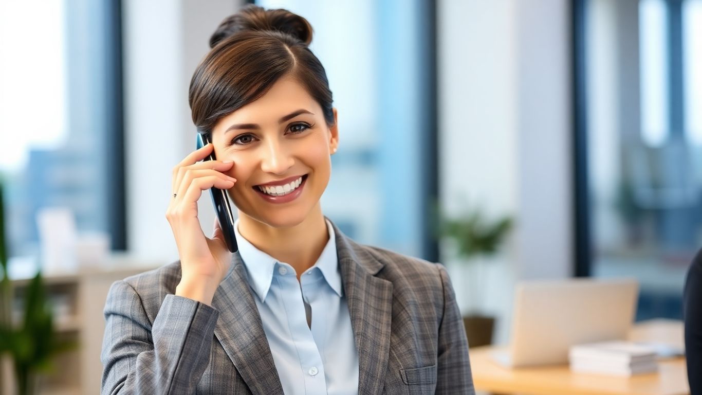 Professional on a phone call, smiling politely.