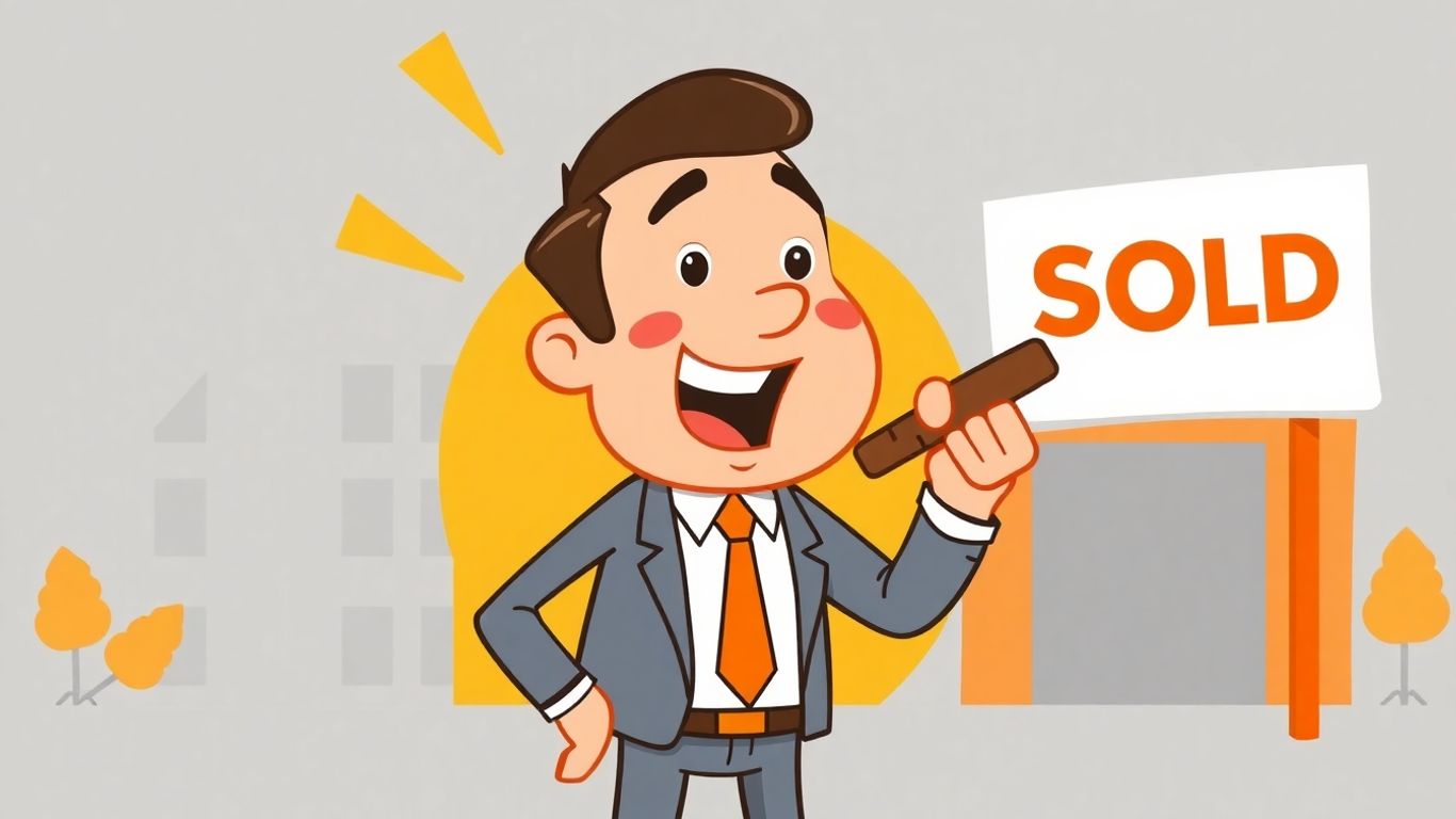 Cartoon businessman with key acquiring a business building.