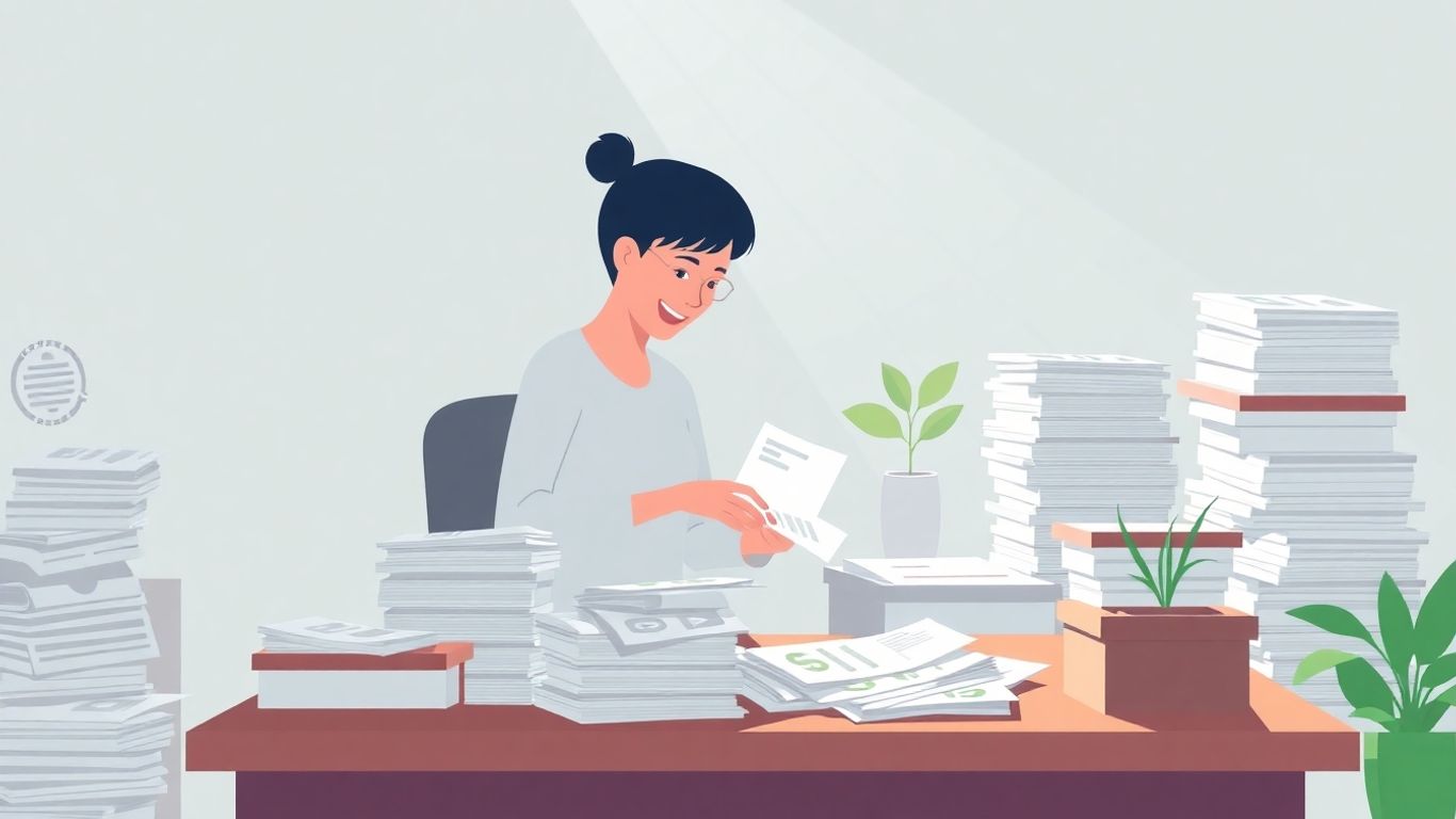 Pessoa calma organizando finanças e celebrando progresso.