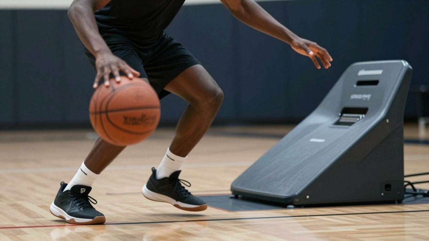 Player dribbling basketball with return system
