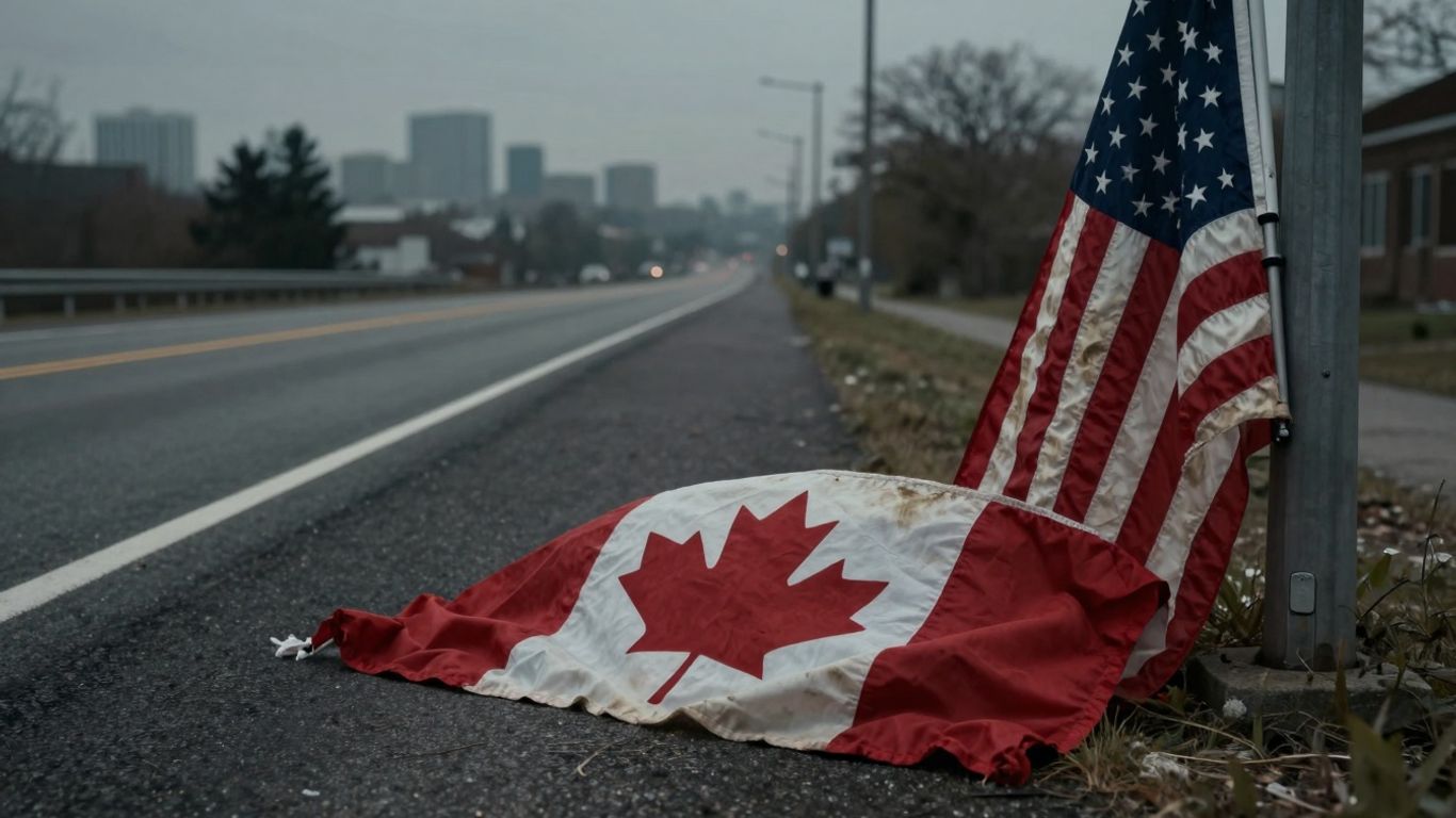 Canadian flag drooping near American flag, empty highway.